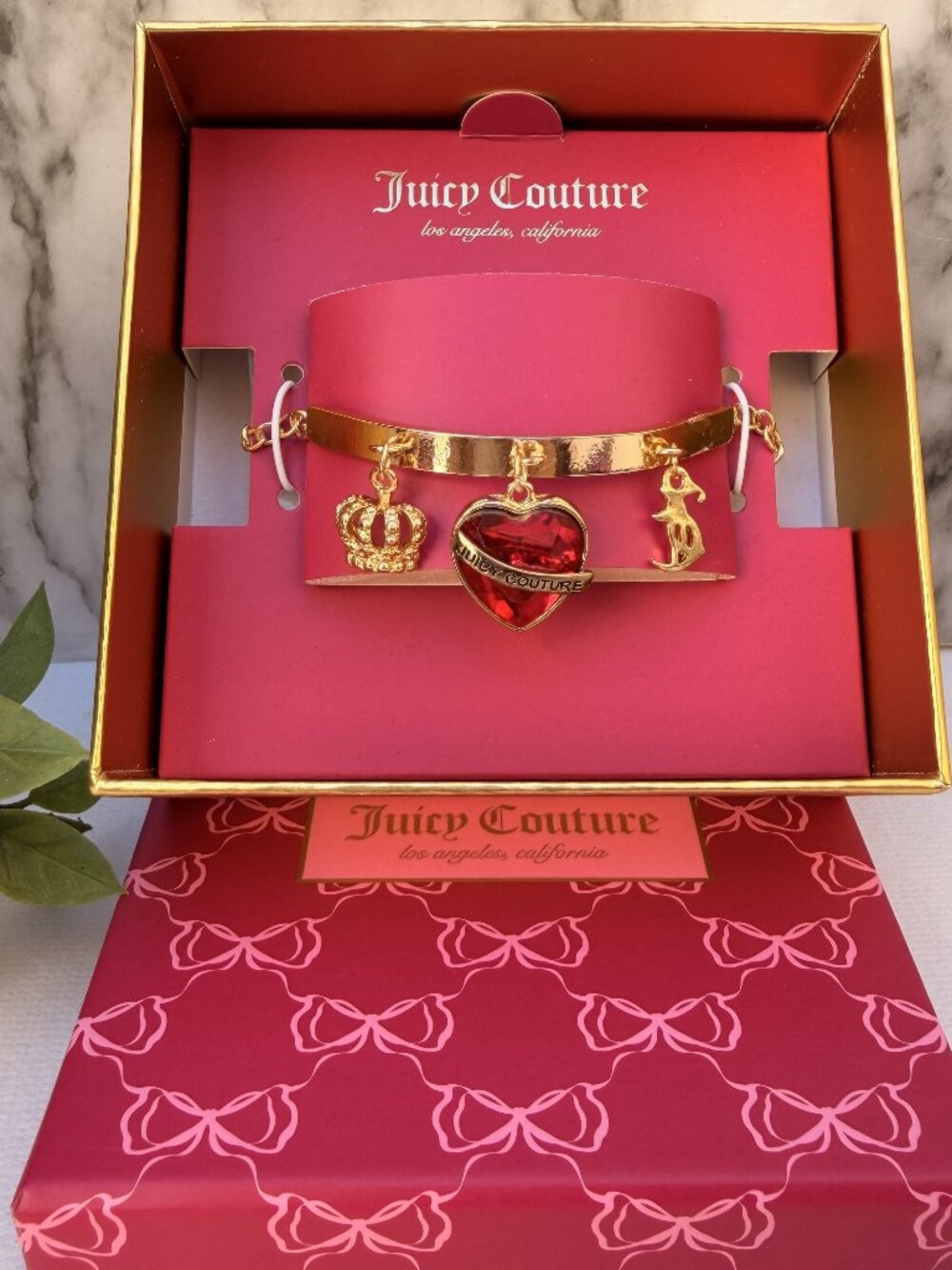 Juicy Couture Gold Charm Bracelet Red Crystal Heart Crown Toggle Gift Box
